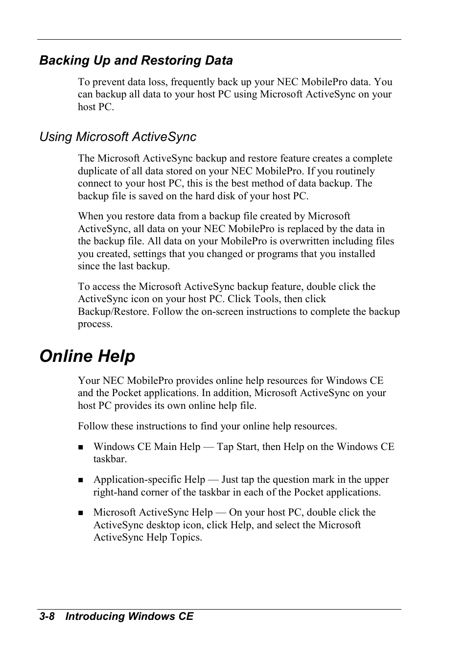 Online help, Backing up and restoring data, Using microsoft activesync | NEC MobilePro 790 User Manual | Page 56 / 104