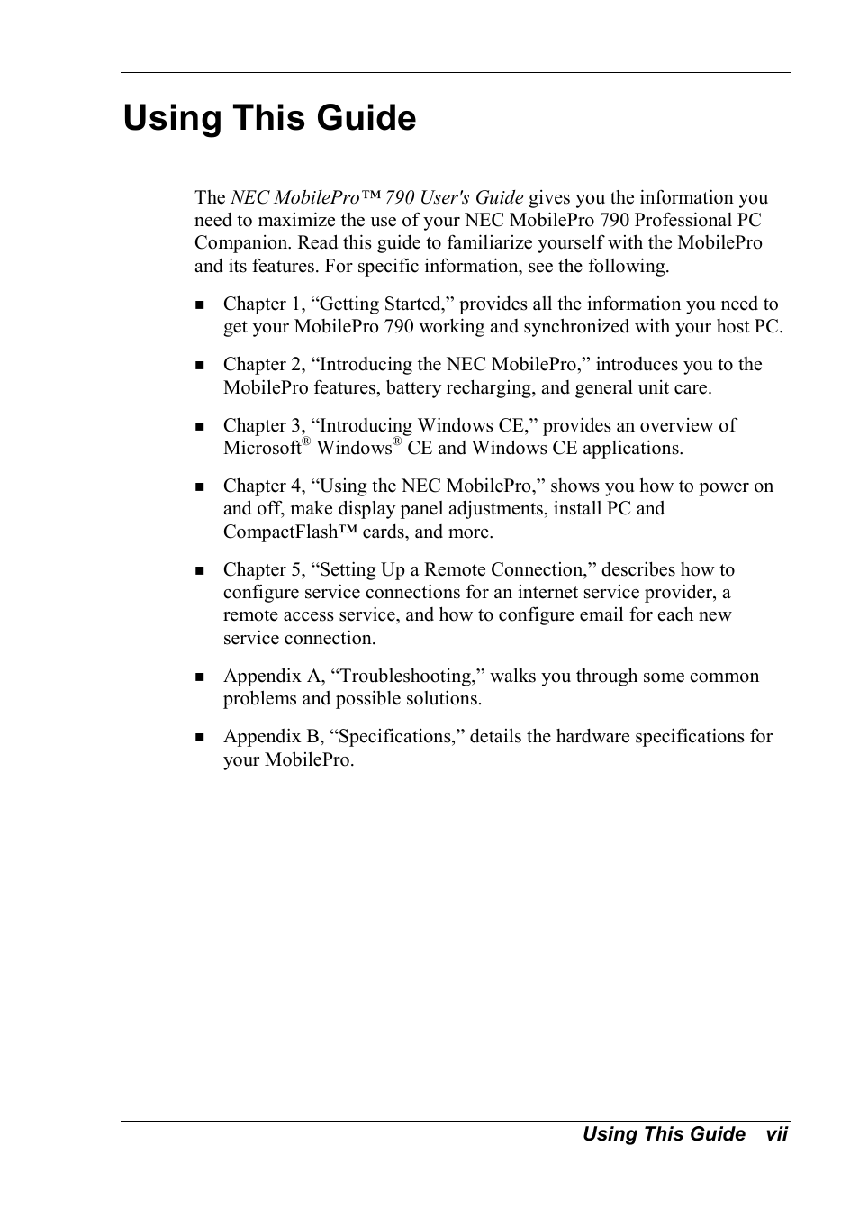 Using this guide | NEC MobilePro 790 User Manual | Page 6 / 104