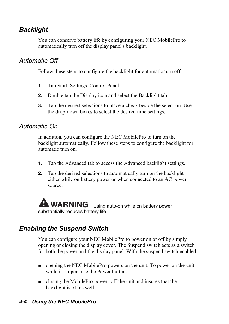 Backlight, Automatic off, Automatic on | Enabling the suspend switch | NEC MobilePro 790 User Manual | Page 60 / 104