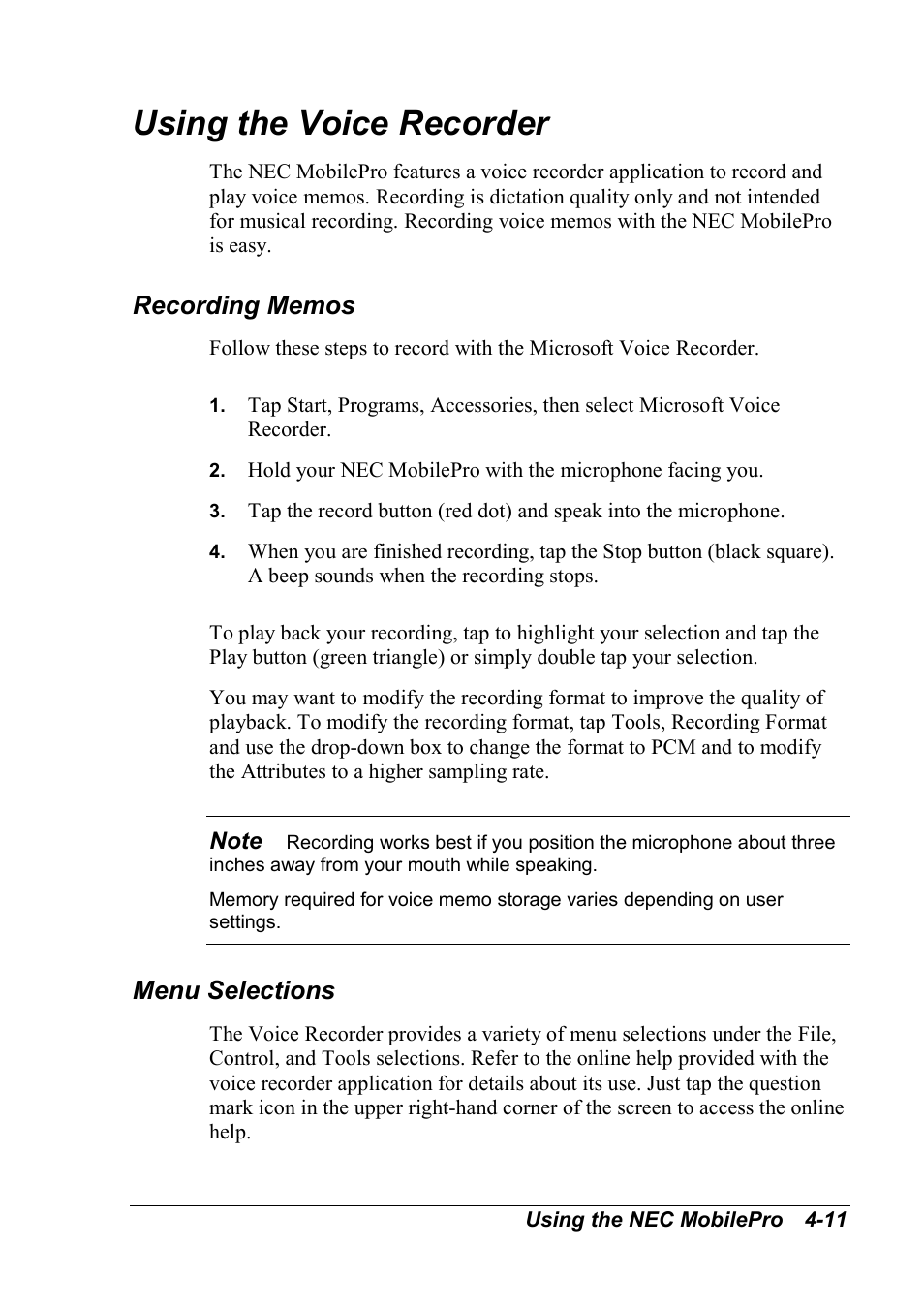 Using the voice recorder, Menu selections | NEC MobilePro 790 User Manual | Page 67 / 104