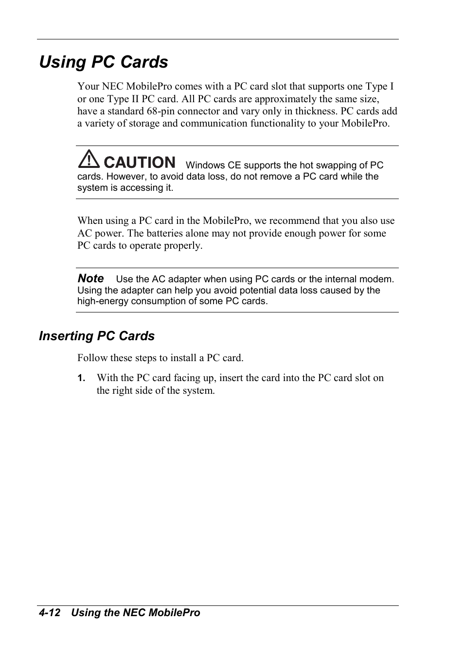 Using pc cards, Inserting pc cards | NEC MobilePro 790 User Manual | Page 68 / 104