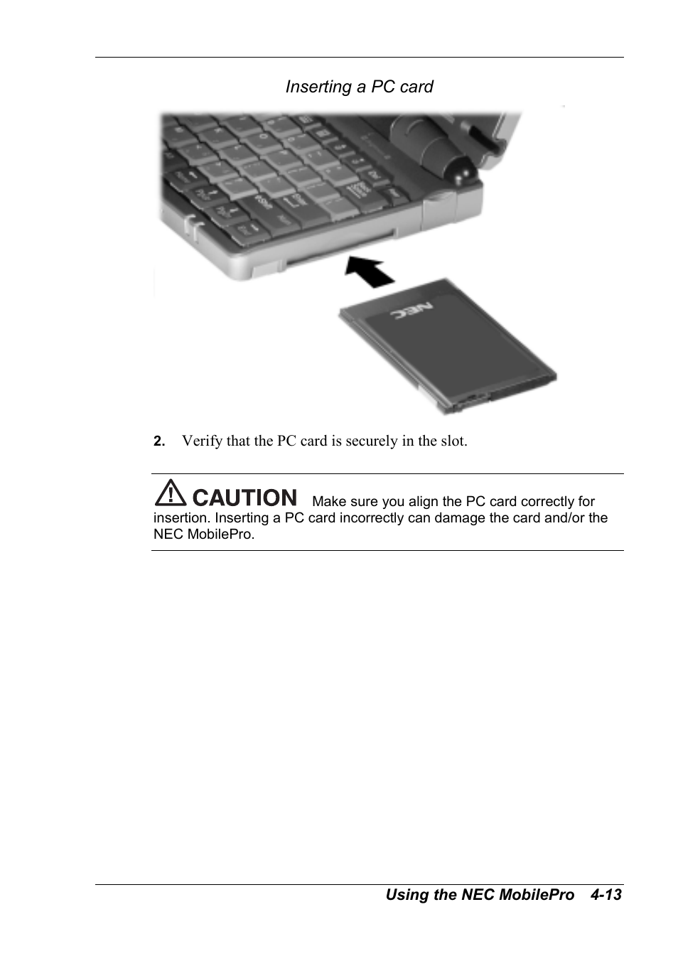 Inserting a pc card | NEC MobilePro 790 User Manual | Page 69 / 104