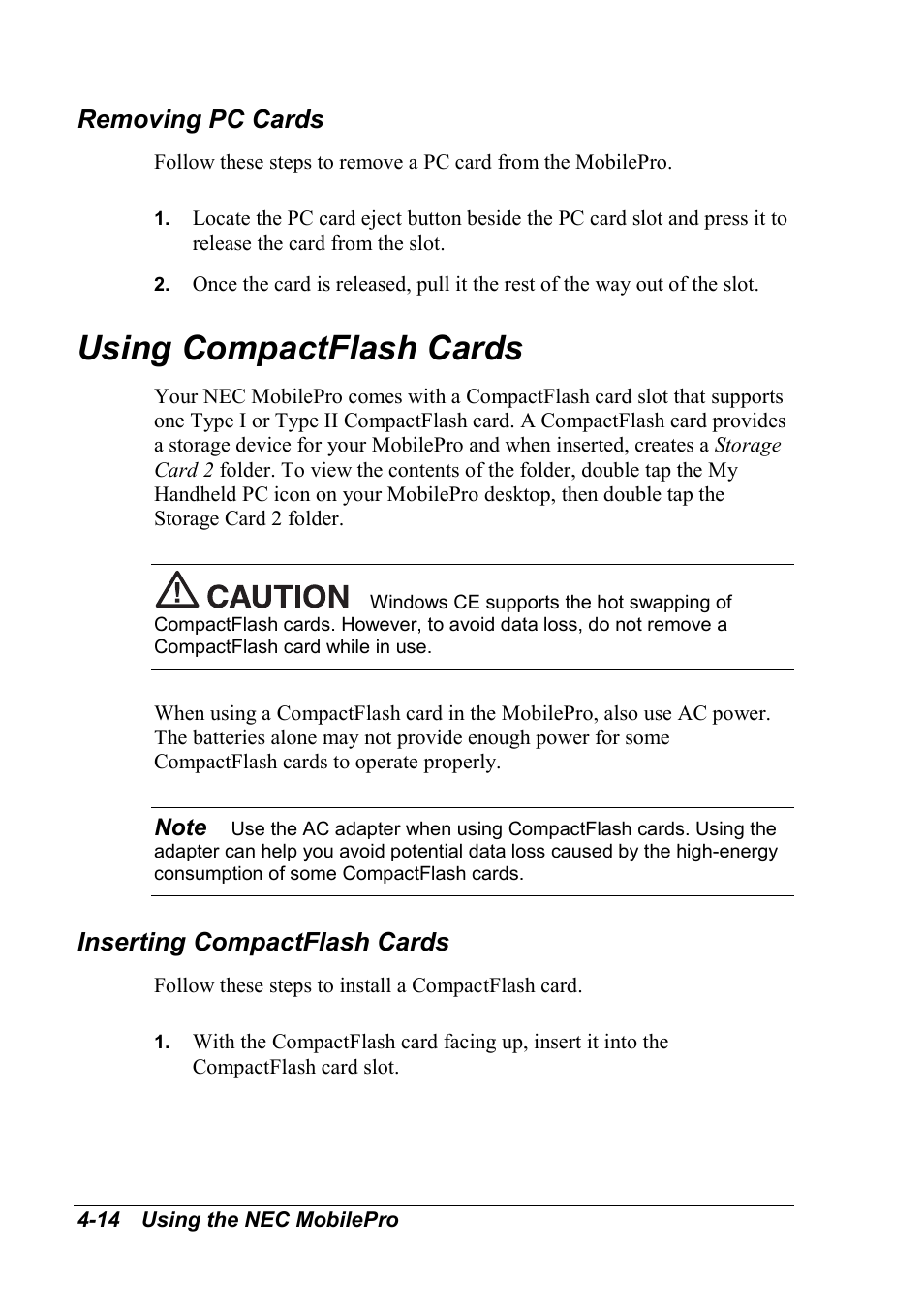 Using compactflash cards, Removing pc cards, Inserting compactflash cards | NEC MobilePro 790 User Manual | Page 70 / 104