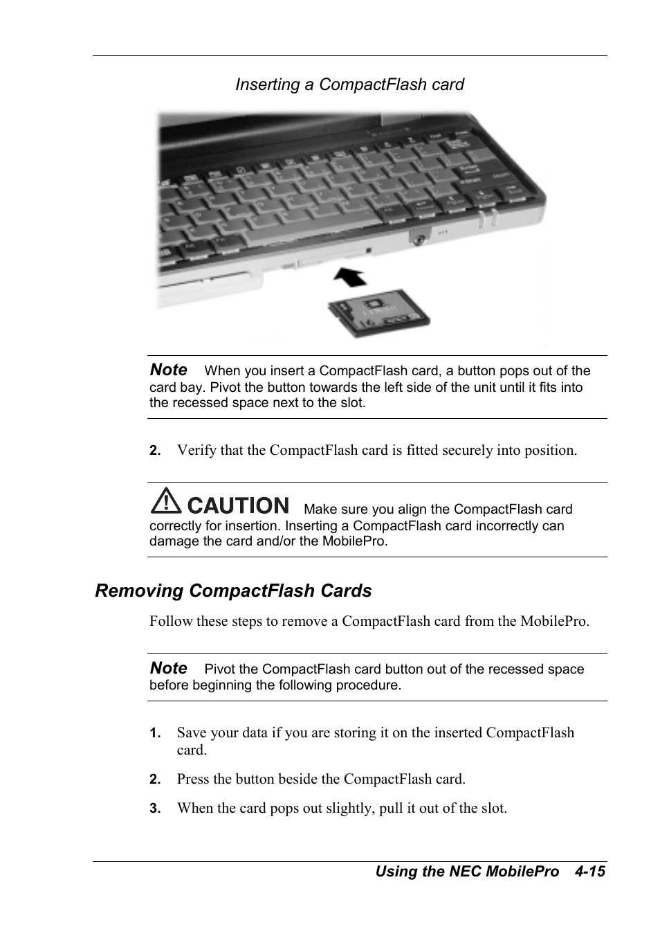 Removing compactflash cards | NEC MobilePro 790 User Manual | Page 71 / 104