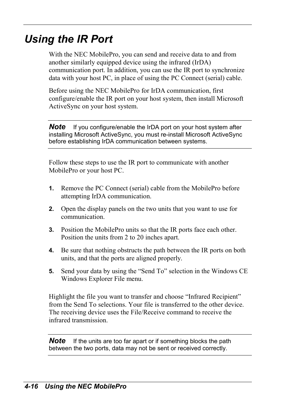 Using the ir port | NEC MobilePro 790 User Manual | Page 72 / 104