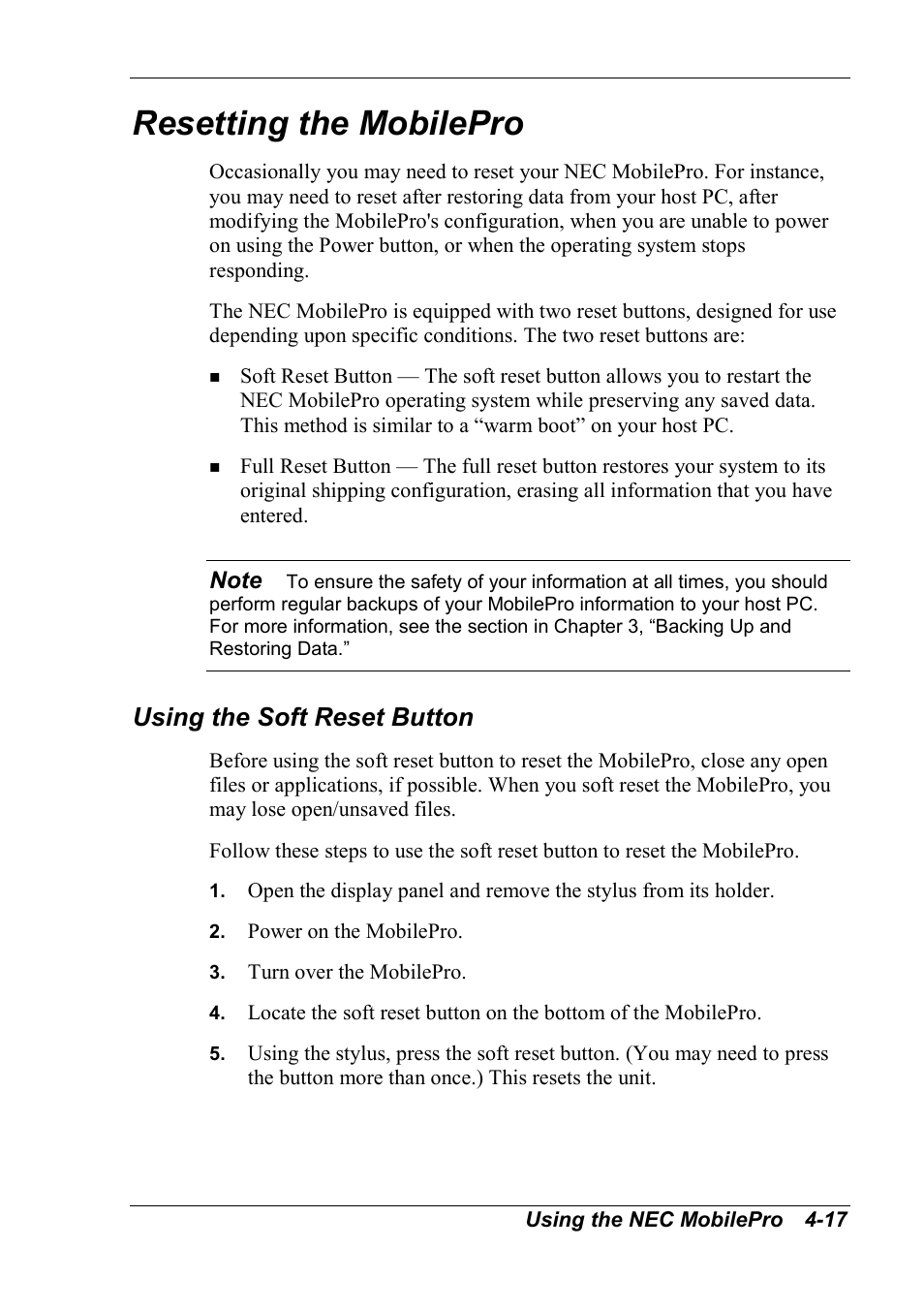 Resetting the mobilepro, Using the soft reset button | NEC MobilePro 790 User Manual | Page 73 / 104