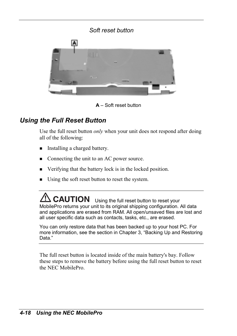 Using the full reset button, Soft reset button | NEC MobilePro 790 User Manual | Page 74 / 104