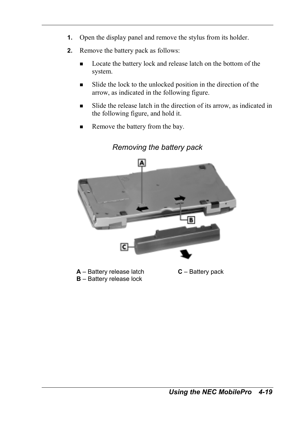 Removing the battery pack | NEC MobilePro 790 User Manual | Page 75 / 104