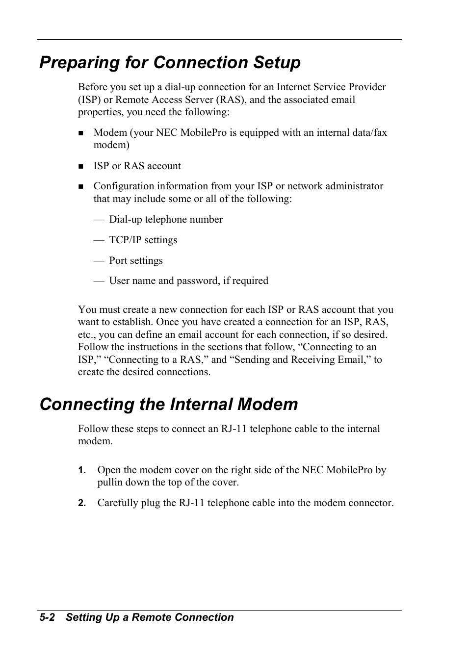 Preparing for connection setup, Connecting the internal modem | NEC MobilePro 790 User Manual | Page 79 / 104