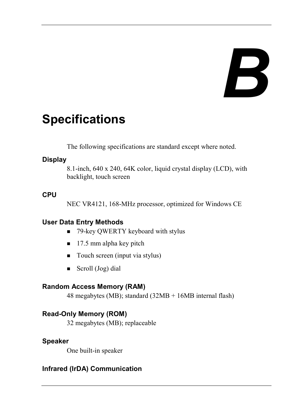 Specifications | NEC MobilePro 790 User Manual | Page 88 / 104