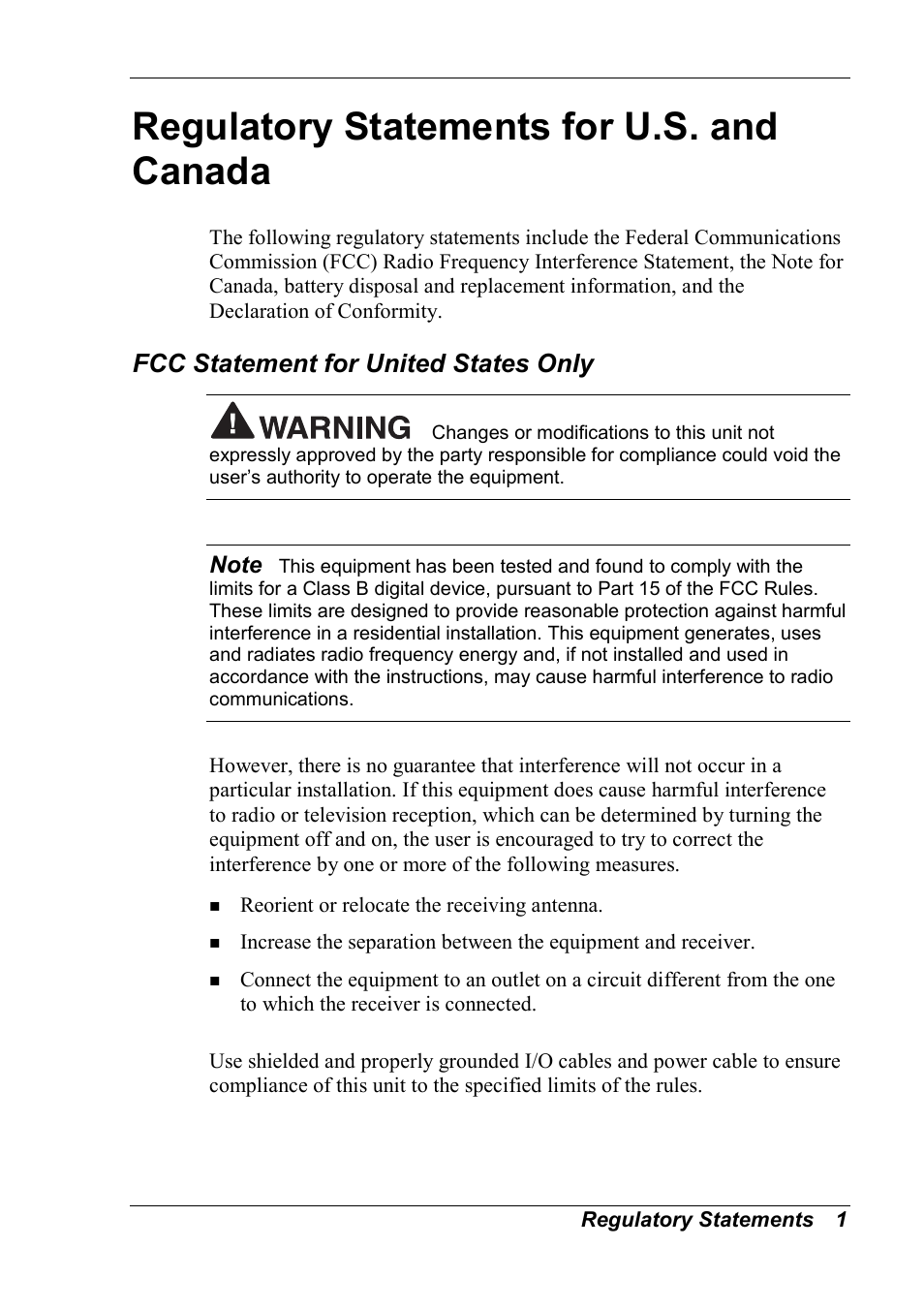 Regulatory statements for u.s. and canada, Fcc statement for united states only | NEC MobilePro 790 User Manual | Page 93 / 104