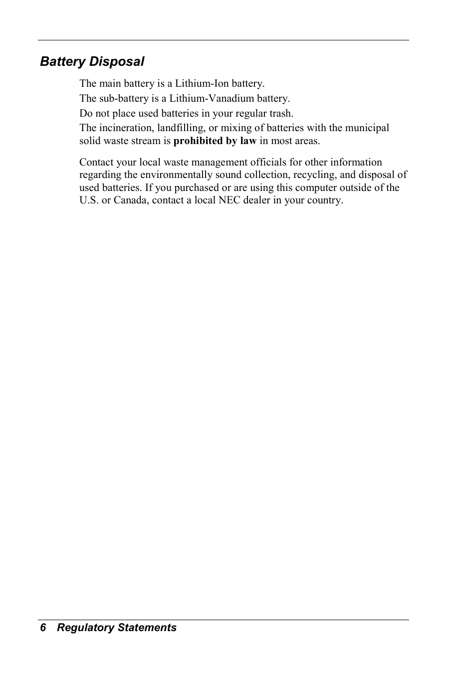 Battery disposal | NEC MobilePro 790 User Manual | Page 98 / 104