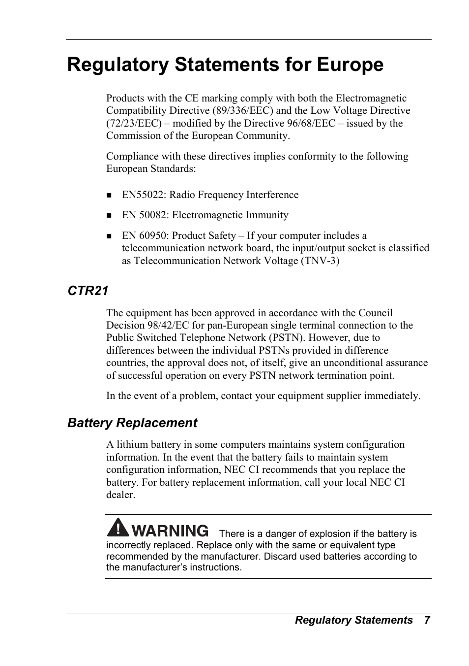 Regulatory statements for europe, Ctr21, Battery replacement | NEC MobilePro 790 User Manual | Page 99 / 104