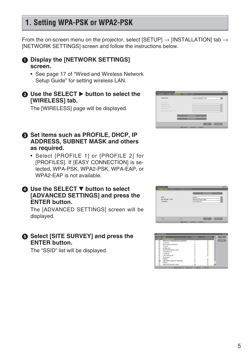 Setting wpa-psk or wpa2-psk | NEC NP901W User Manual | Page 5 / 17