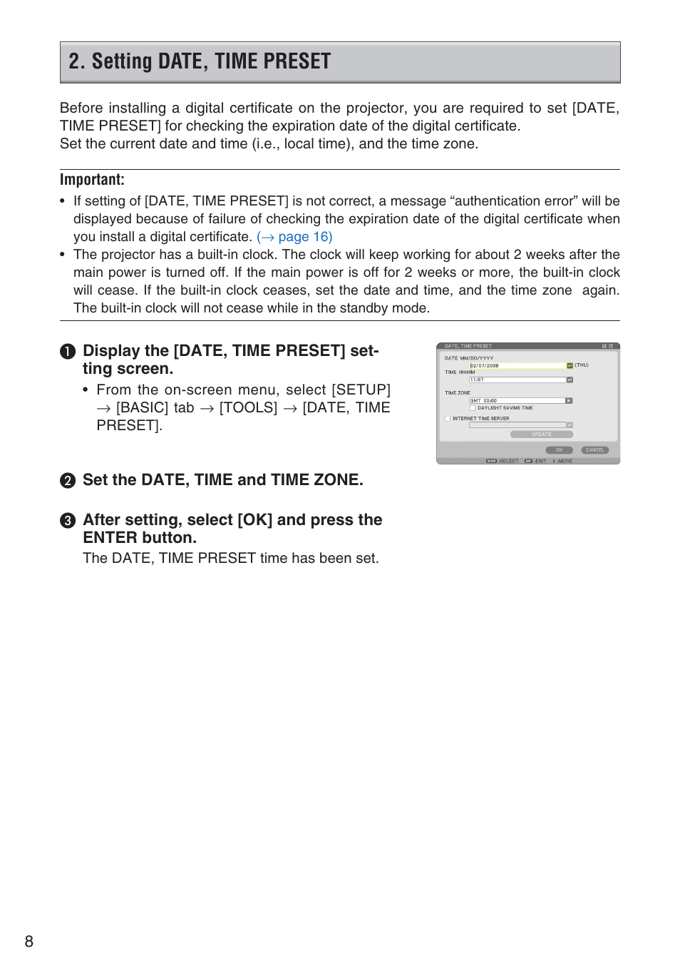 Setting date, time preset | NEC NP901W User Manual | Page 8 / 17