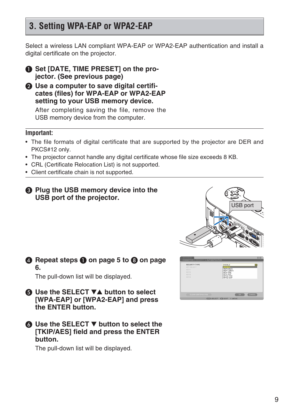 Setting wpa-eap or wpa2-eap, Important, The pull-down list will be displayed | Usb port | NEC NP901W User Manual | Page 9 / 17