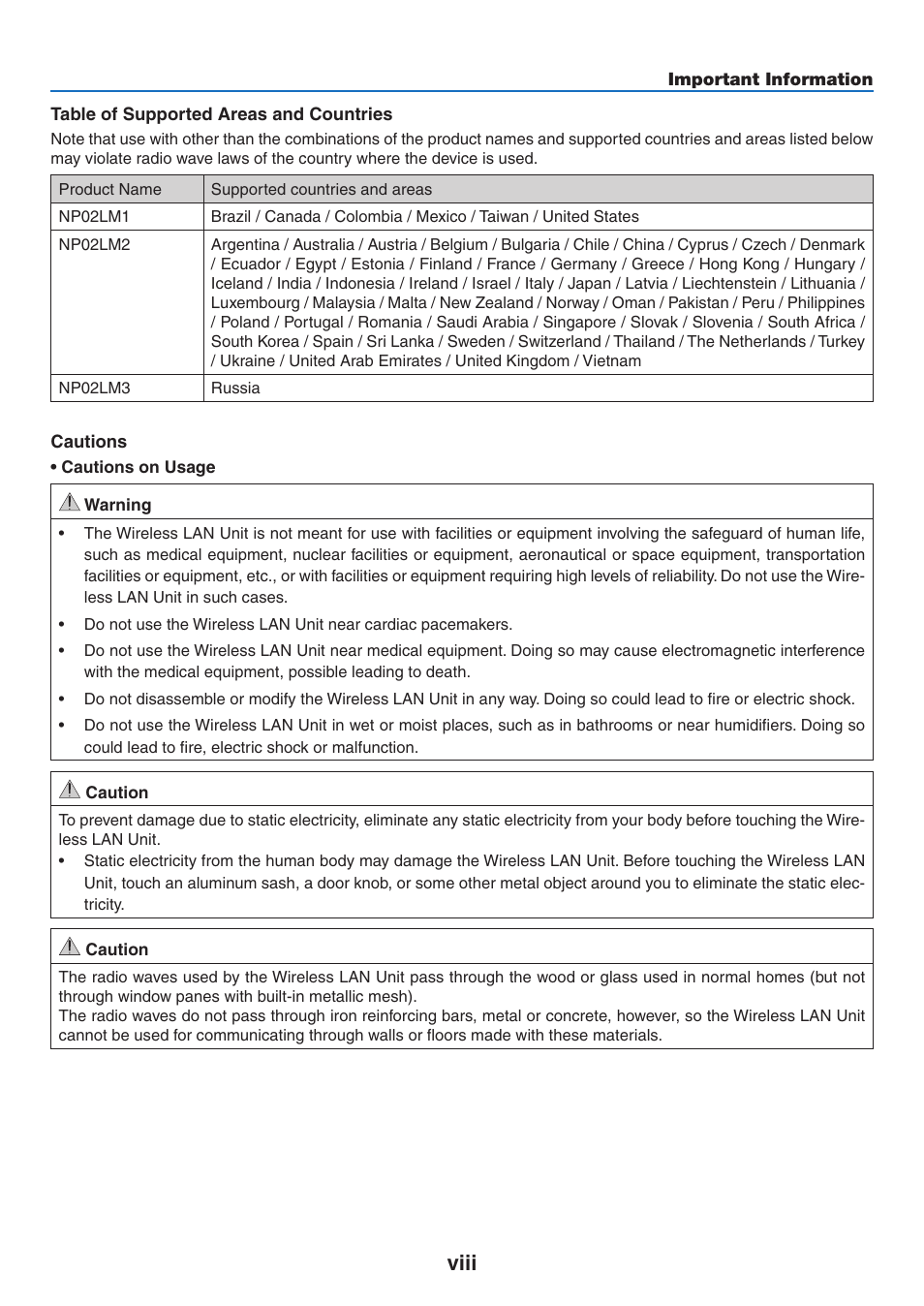 Viii | NEC NP-P350X User Manual | Page 10 / 222