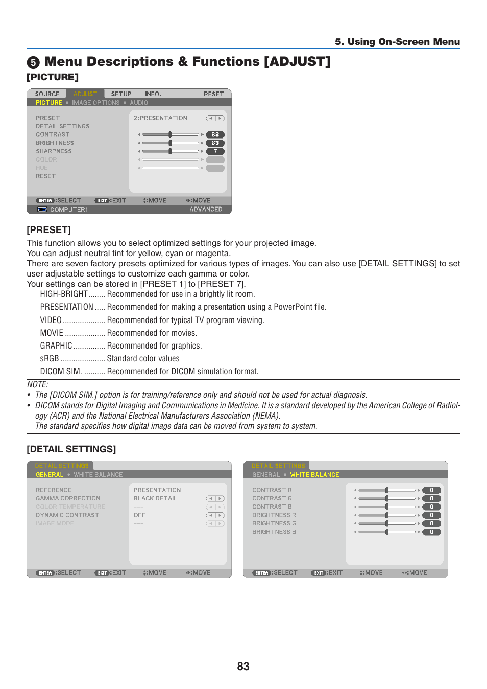 5) menu descriptions & functions [adjust, Picture, Menu descriptions & functions [adjust | NEC NP-P350X User Manual | Page 101 / 222