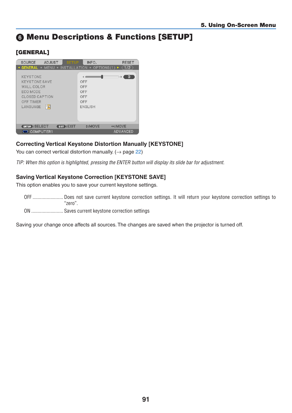 6) menu descriptions & functions [setup, General, Menu descriptions & functions [setup | NEC NP-P350X User Manual | Page 109 / 222