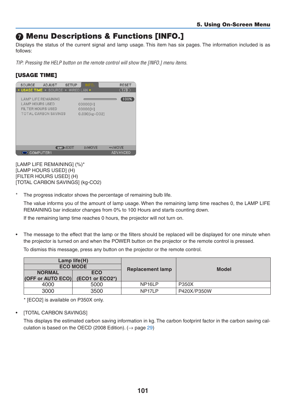 7) menu descriptions & functions [info, Usage time, Menu descriptions & functions [info | NEC NP-P350X User Manual | Page 119 / 222