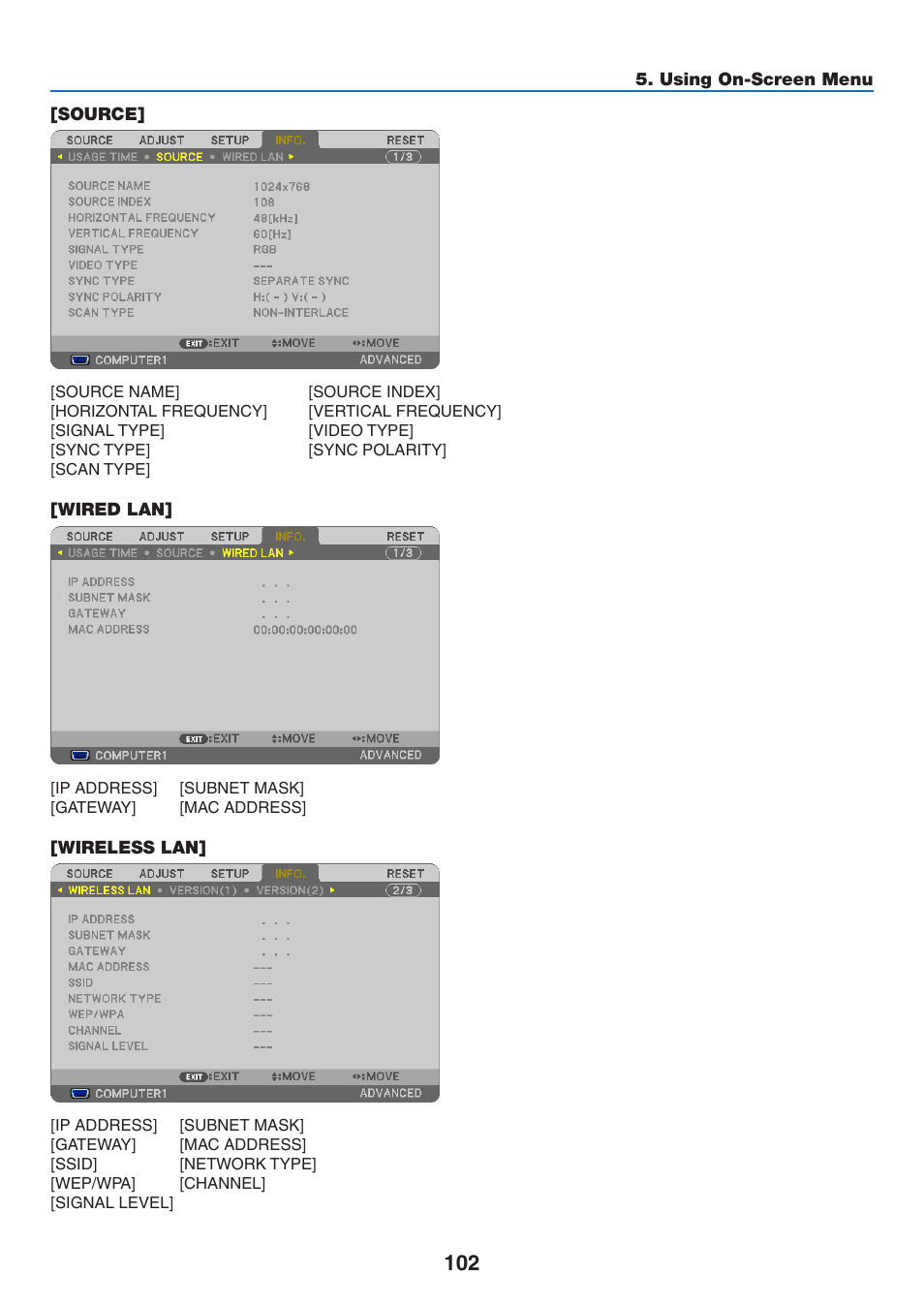 Source, Wired lan, Wireless lan | Source] [wired lan] [wireless lan | NEC NP-P350X User Manual | Page 120 / 222