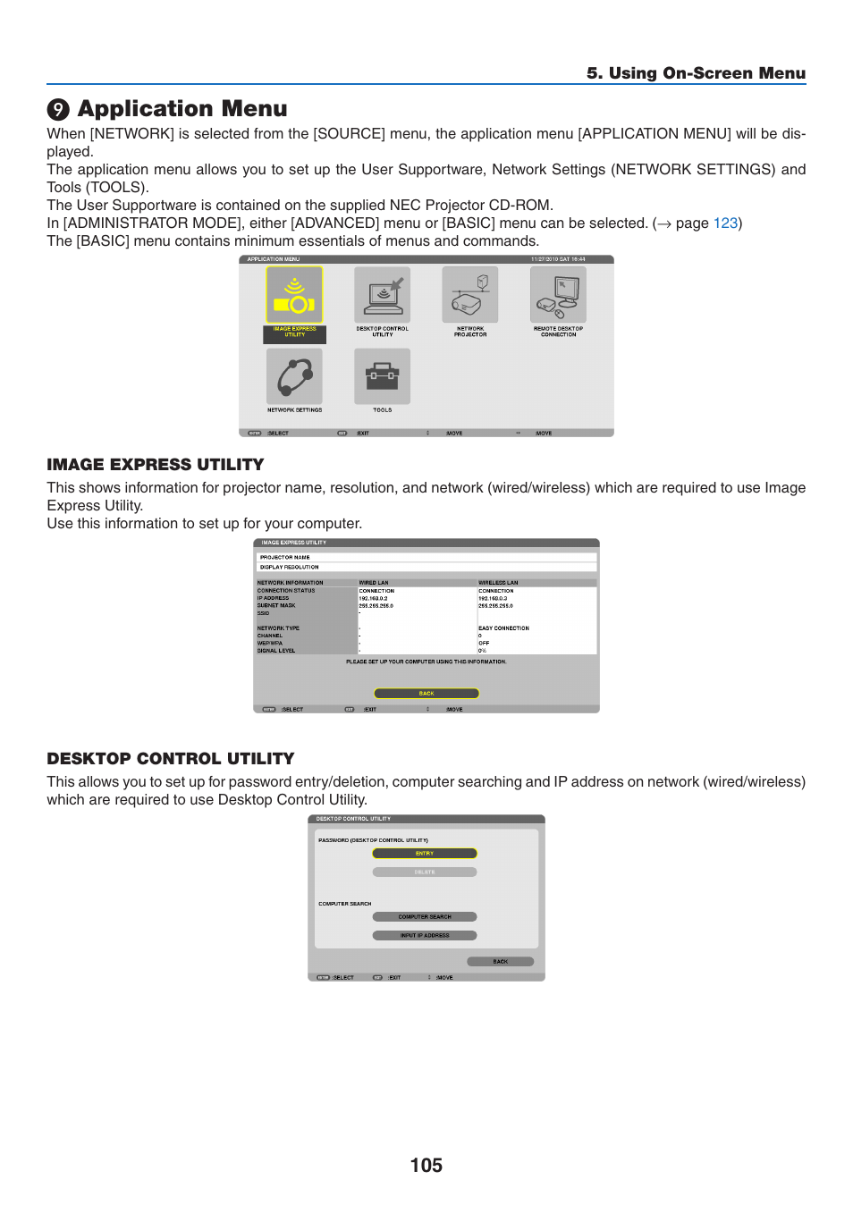 9) application menu, Image express utility, Desktop control utility | Application menu, Image express utility desktop control utility | NEC NP-P350X User Manual | Page 123 / 222