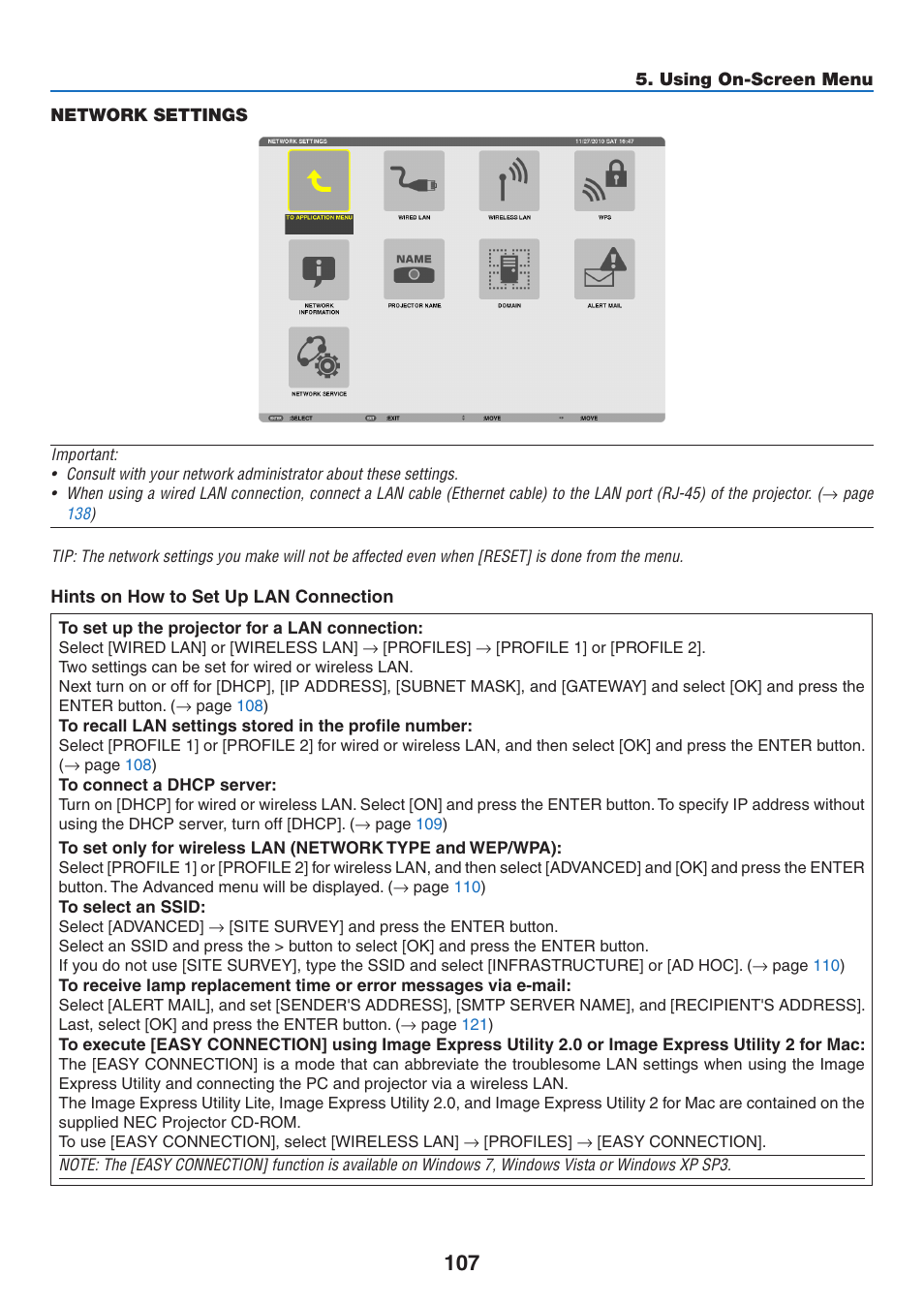 Network settings | NEC NP-P350X User Manual | Page 125 / 222