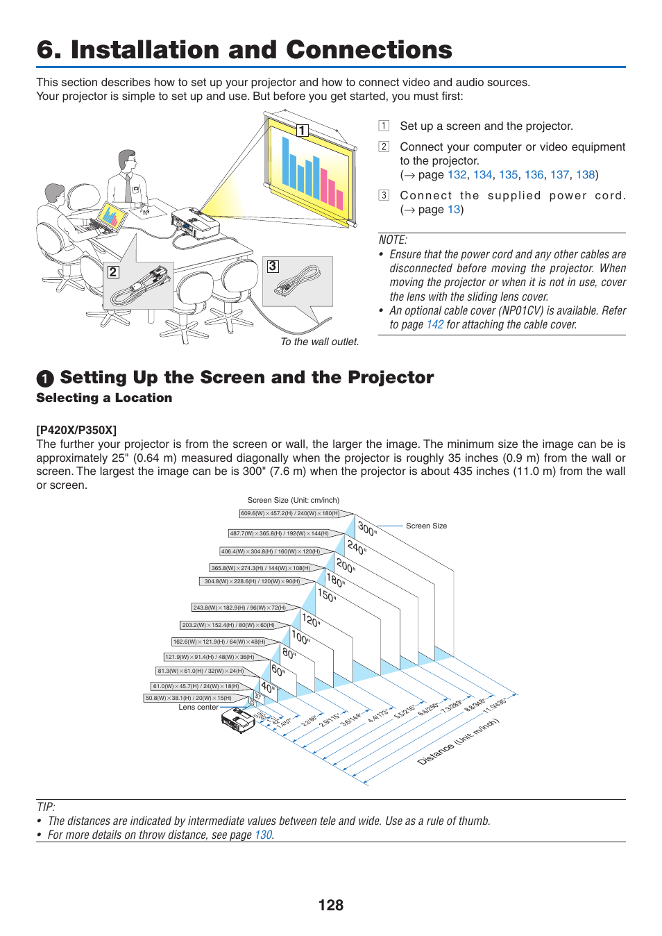 Installation and connections, 1) setting up the screen and the projector, Selecting a location | 1 setting up the screen and the projector | NEC NP-P350X User Manual | Page 146 / 222