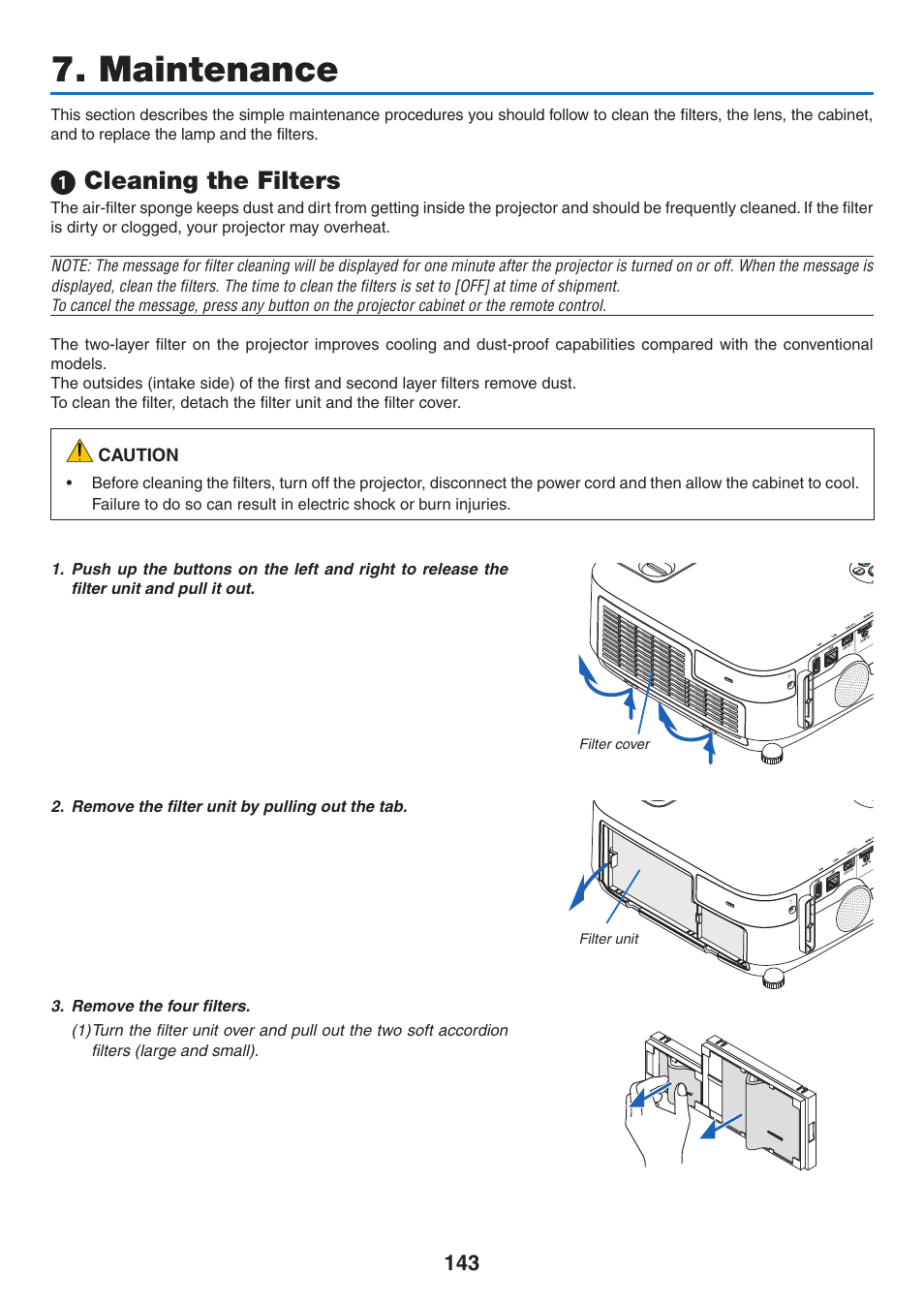 Maintenance, 1) cleaning the filters, 1 cleaning the filters | NEC NP-P350X User Manual | Page 161 / 222