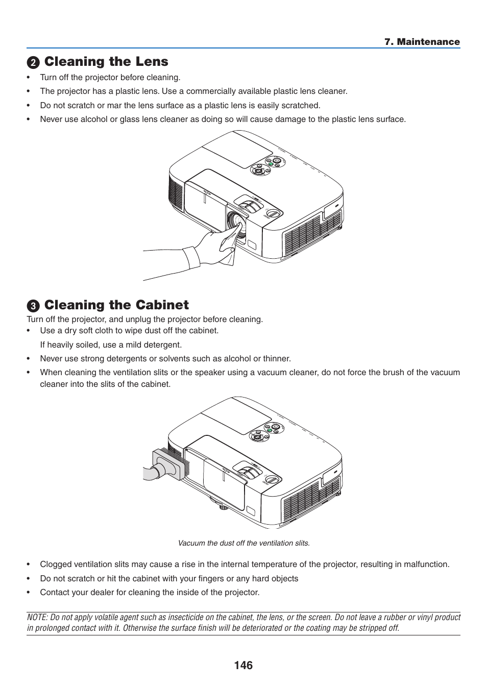 2) cleaning the lens, 3) cleaning the cabinet, Cleaning the lens  cleaning the cabinet | Cleaning the lens, Cleaning the cabinet | NEC NP-P350X User Manual | Page 164 / 222