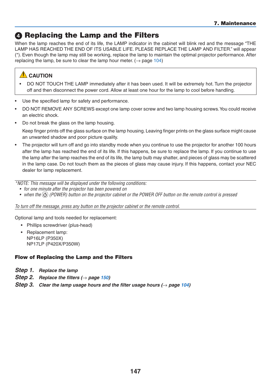 4) replacing the lamp and the filters, Replacing the lamp and the filters | NEC NP-P350X User Manual | Page 165 / 222