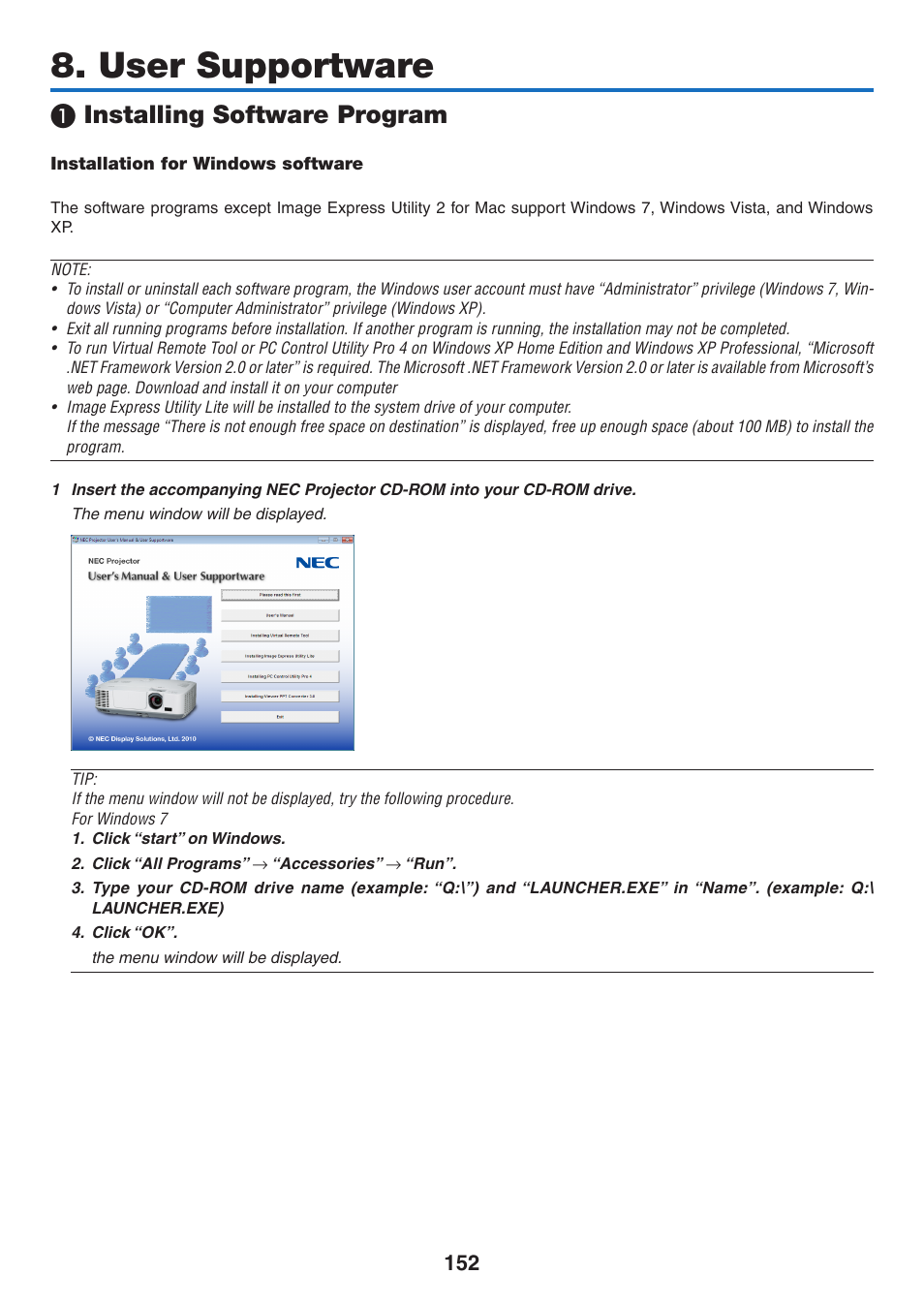 User supportware, 1) installing software program, Installation for windows software | Installing software program | NEC NP-P350X User Manual | Page 170 / 222