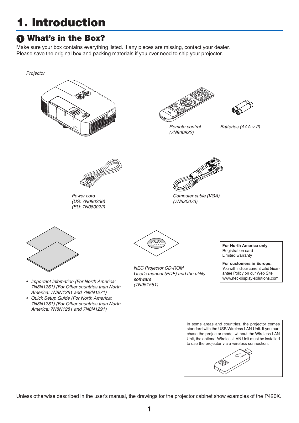 Introduction, 1) what’s in the box, 1 what’s in the box | NEC NP-P350X User Manual | Page 19 / 222