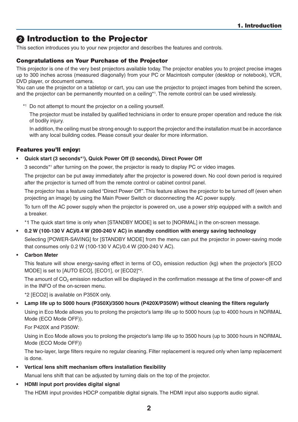 2) introduction to the projector, Congratulations on your purchase of the projector, Features you’ll enjoy | Introduction to the projector | NEC NP-P350X User Manual | Page 20 / 222