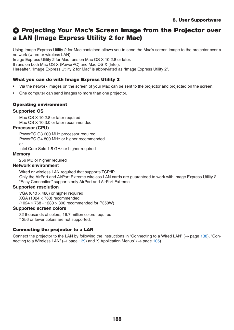 What you can do with image express utility 2, Operating environment, Connecting the projector to a lan | NEC NP-P350X User Manual | Page 206 / 222