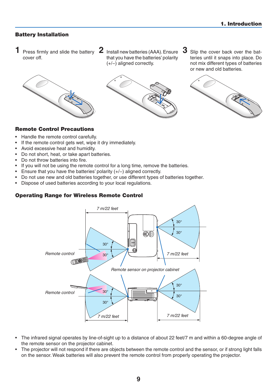 Battery installation, Remote control precautions, Operating range for wireless remote control | NEC NP-P350X User Manual | Page 27 / 222