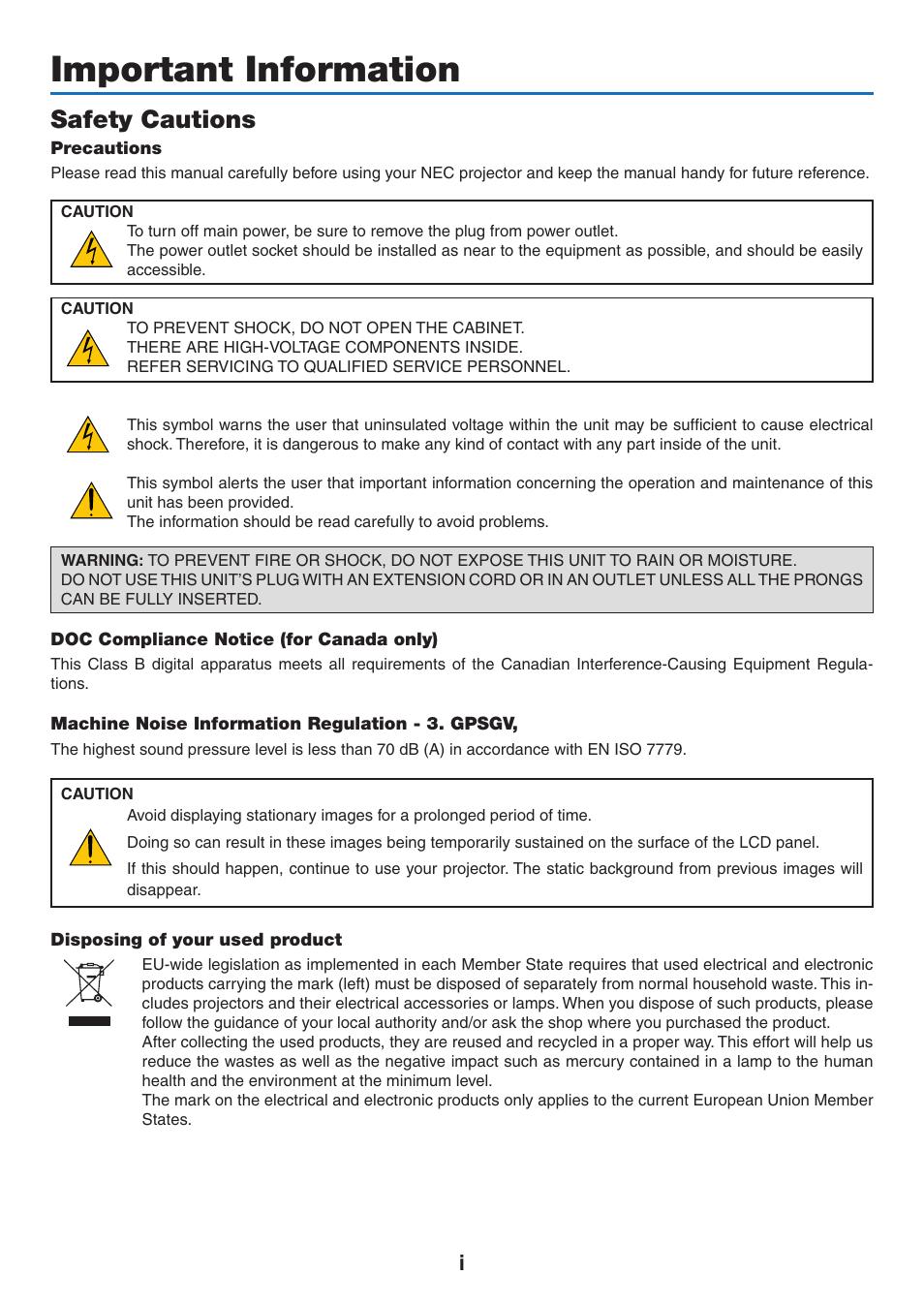 Important information, Safety cautions | NEC NP-P350X User Manual | Page 3 / 222