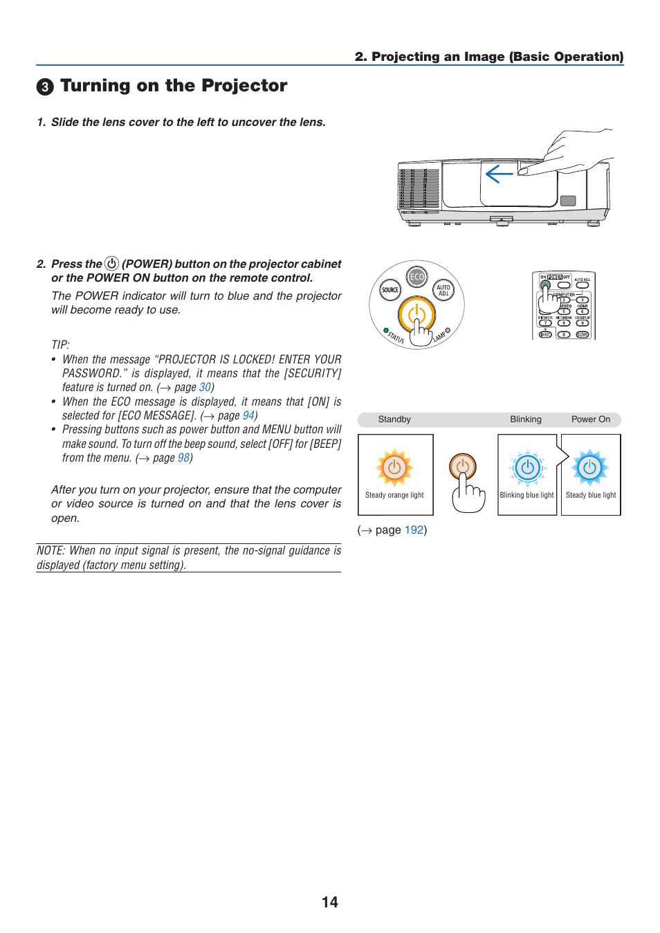 3) turning on the projector, Turning on the projector | NEC NP-P350X User Manual | Page 32 / 222