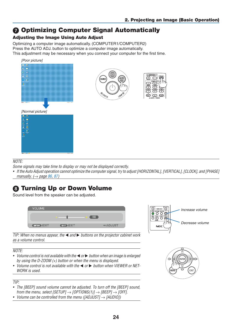7) optimizing computer signal automatically, Adjusting the image using auto adjust, 8) turning up or down volume | Optimizing computer signal automatically, Turning up or down volume | NEC NP-P350X User Manual | Page 42 / 222
