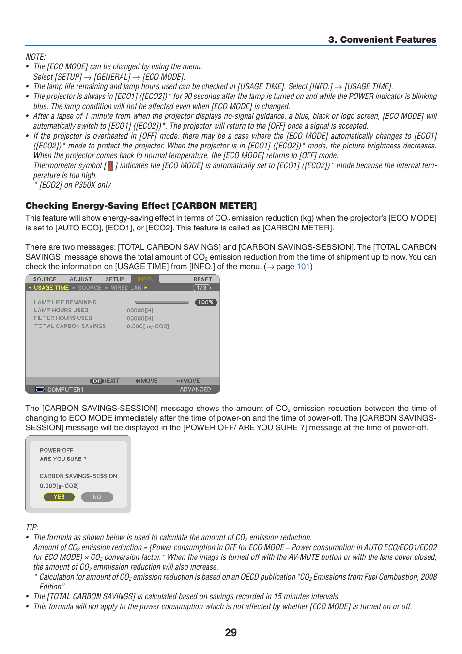 Checking energy-saving effect [carbon meter | NEC NP-P350X User Manual | Page 47 / 222