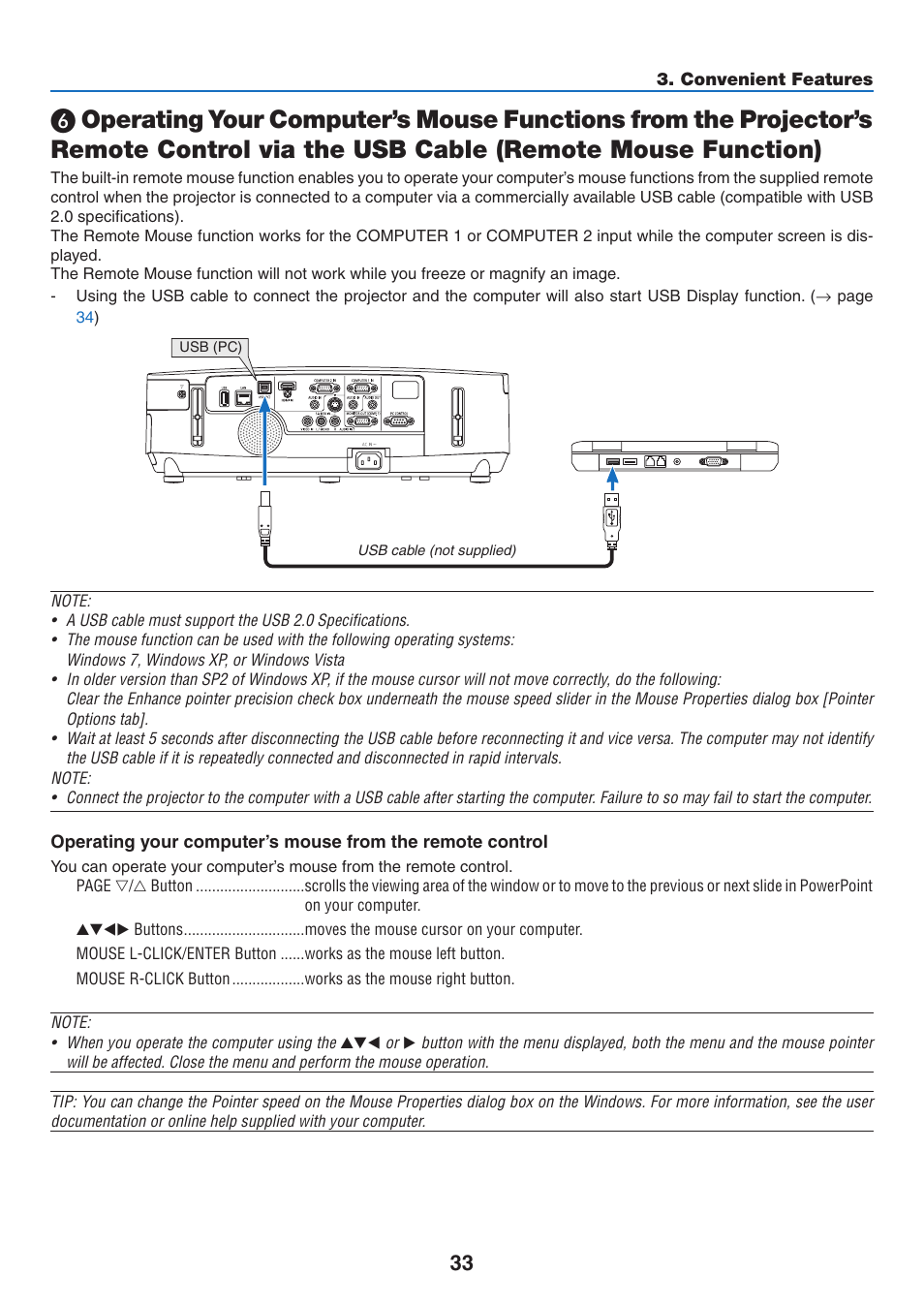 Via the usb cable (remote mouse function) | NEC NP-P350X User Manual | Page 51 / 222