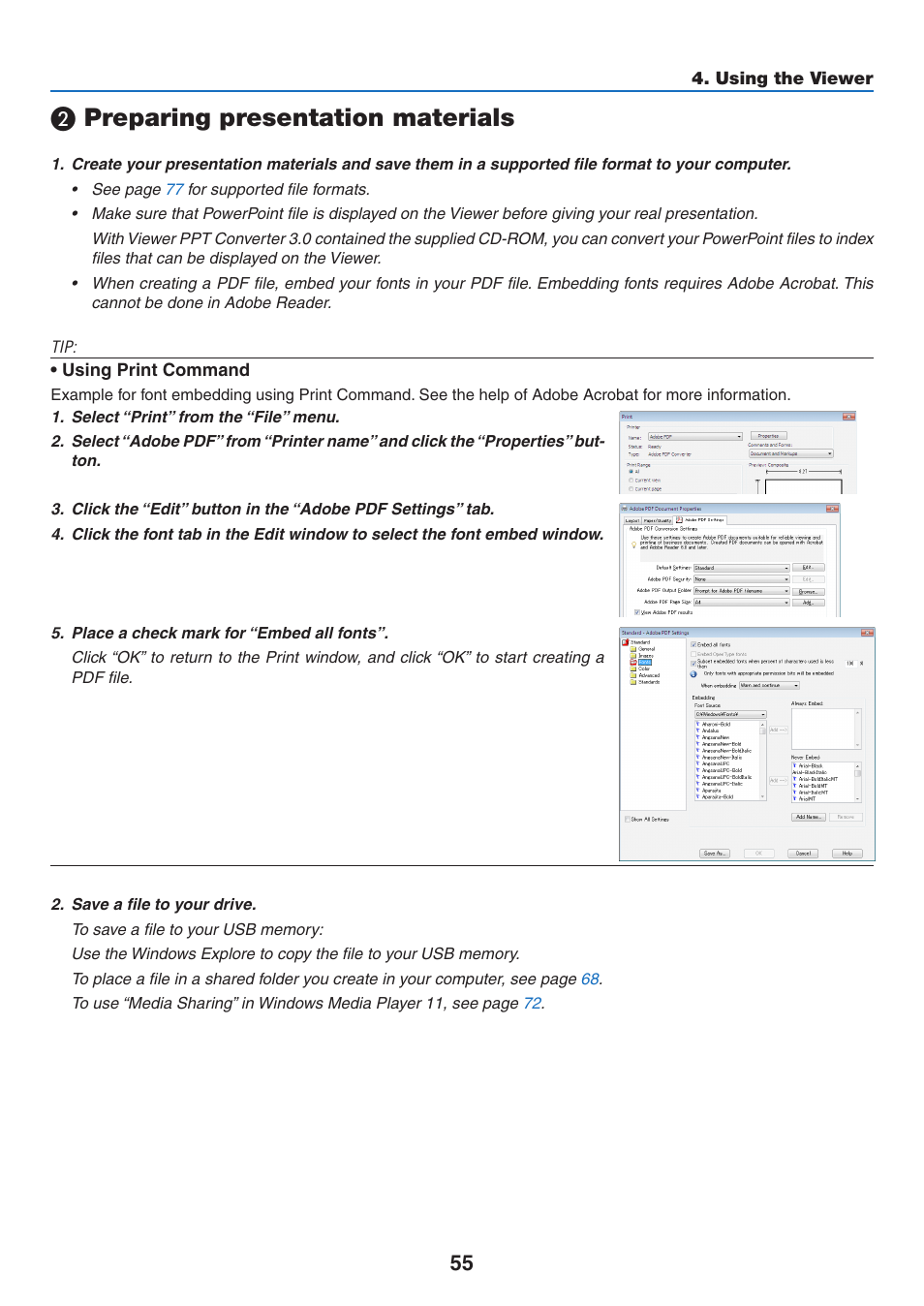 2) preparing presentation materials, Preparing presentation materials | NEC NP-P350X User Manual | Page 73 / 222