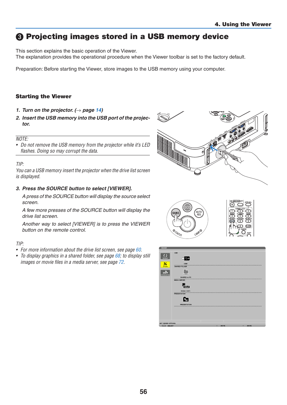 3) projecting images stored in a usb memory device, Starting the viewer, Projecting images stored in a usb memory device | NEC NP-P350X User Manual | Page 74 / 222