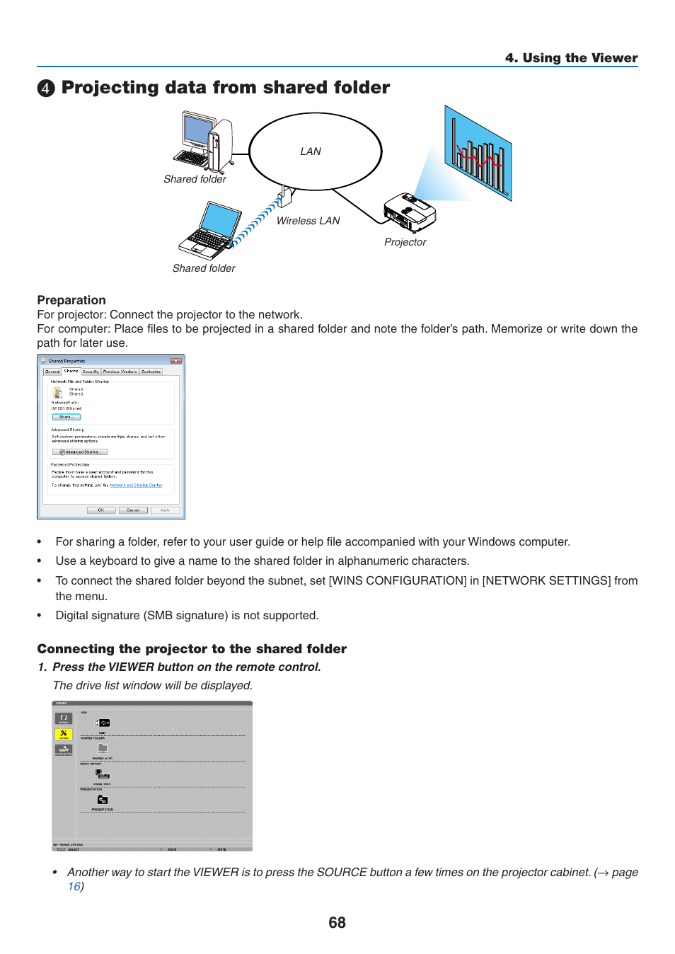 4) projecting data from shared folder, Connecting the projector to the shared folder, Projecting data from shared folder | NEC NP-P350X User Manual | Page 86 / 222