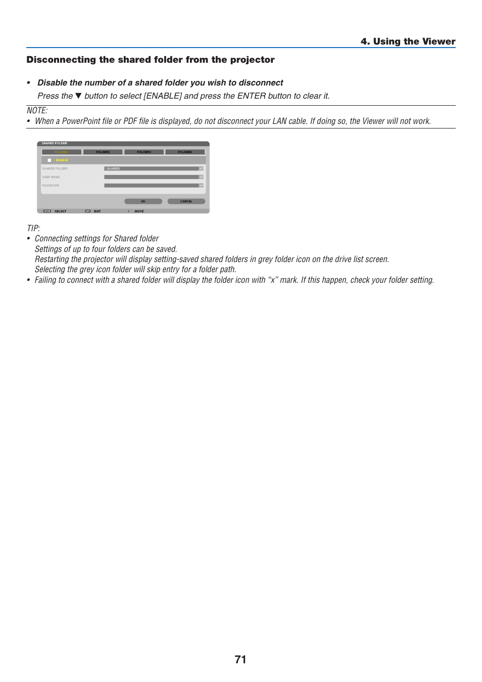 Disconnecting the shared folder from the projector | NEC NP-P350X User Manual | Page 89 / 222