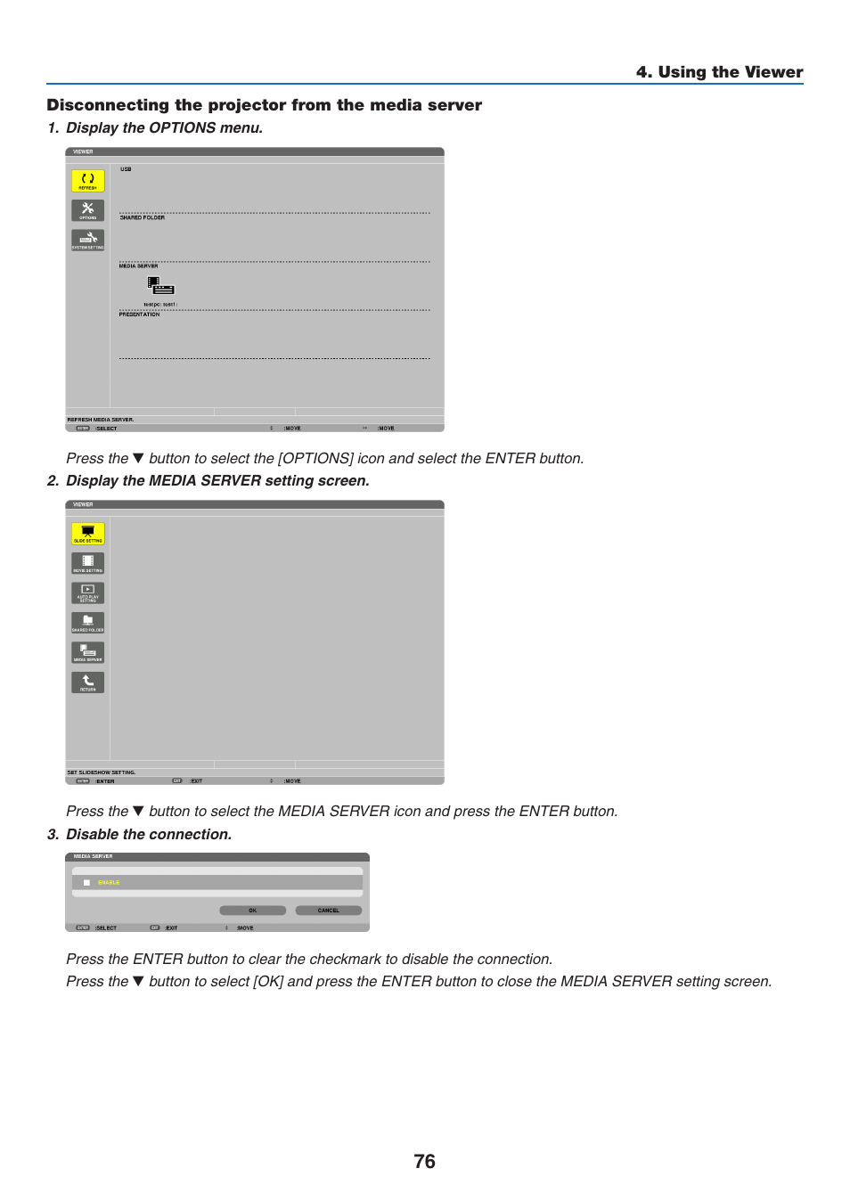 Disconnecting the projector from the media server | NEC NP-P350X User Manual | Page 94 / 222