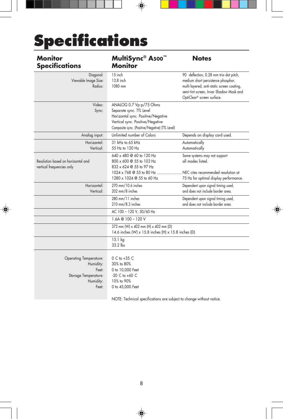 Specifications, Monitor multisync | NEC A Series User Manual | Page 10 / 16