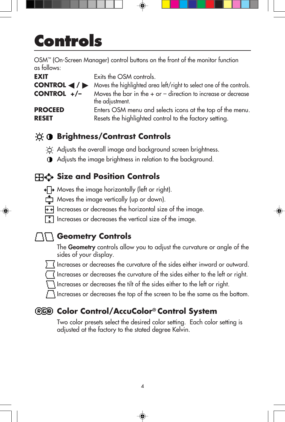 Controls, Brightness/contrast controls, Size and position controls | Geometry controls, Color control/accucolor, Control system | NEC A Series User Manual | Page 6 / 16