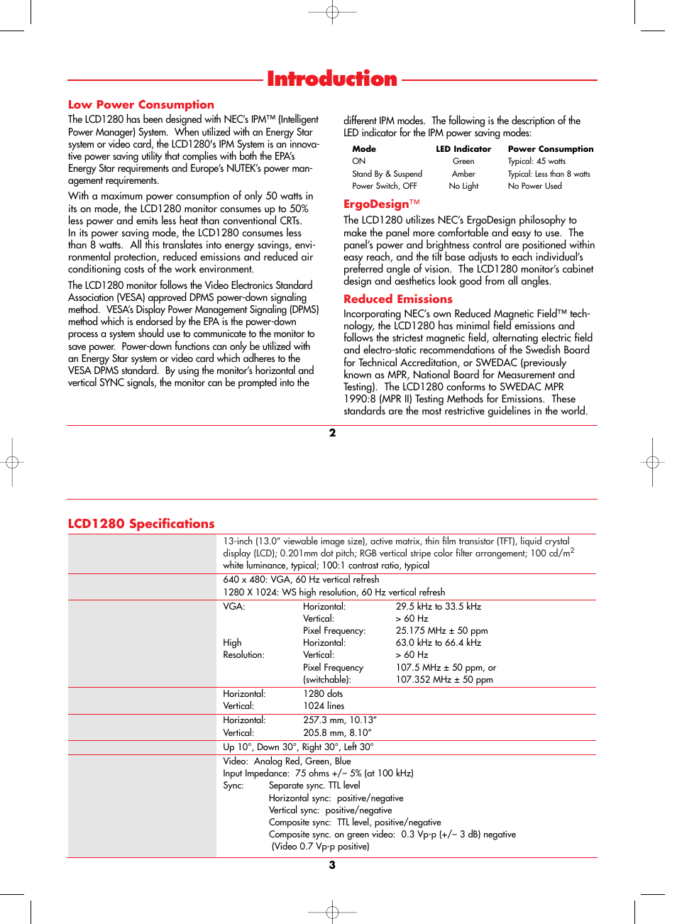 Introduction, Lcd1280 specifications | NEC LCD1280 User Manual | Page 4 / 12