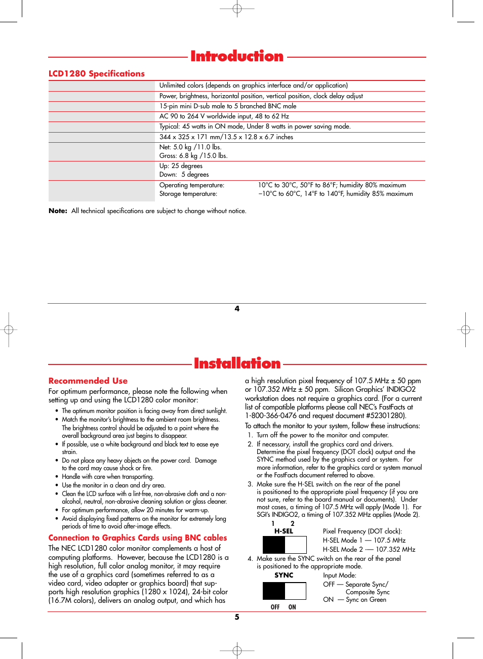 Introduction, Installation | NEC LCD1280 User Manual | Page 5 / 12